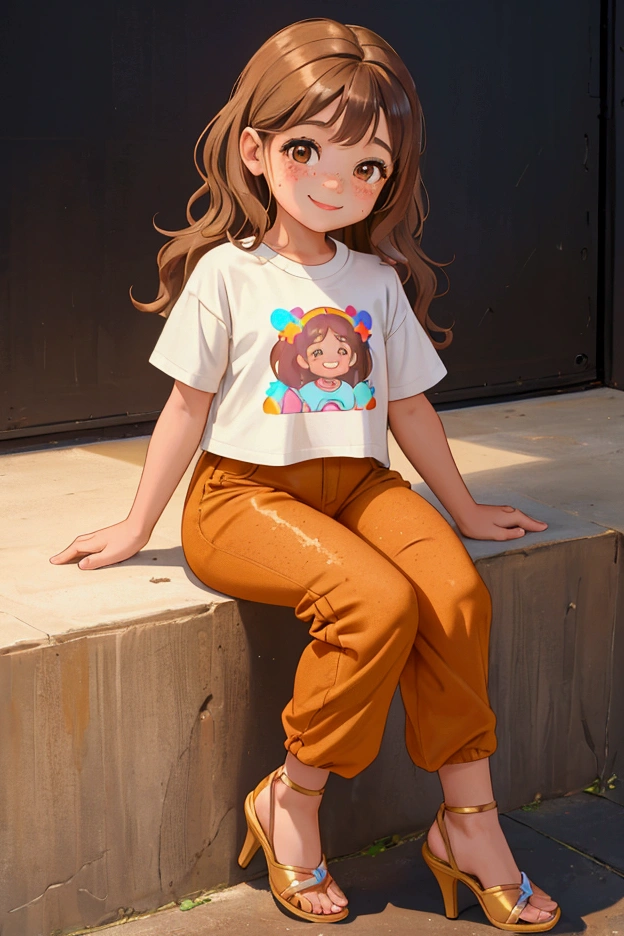 three year old girl, with brown wavy hair, Brown eyes, freckles. She is smiling and wearing heels bigger than her foot, with colorful pants and t-shirt