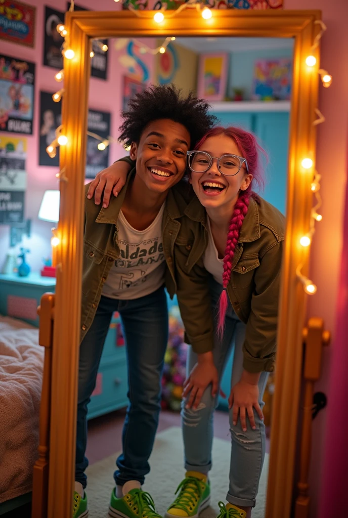 2 teenagers taking a selfie in front of the mirror with their smartphone