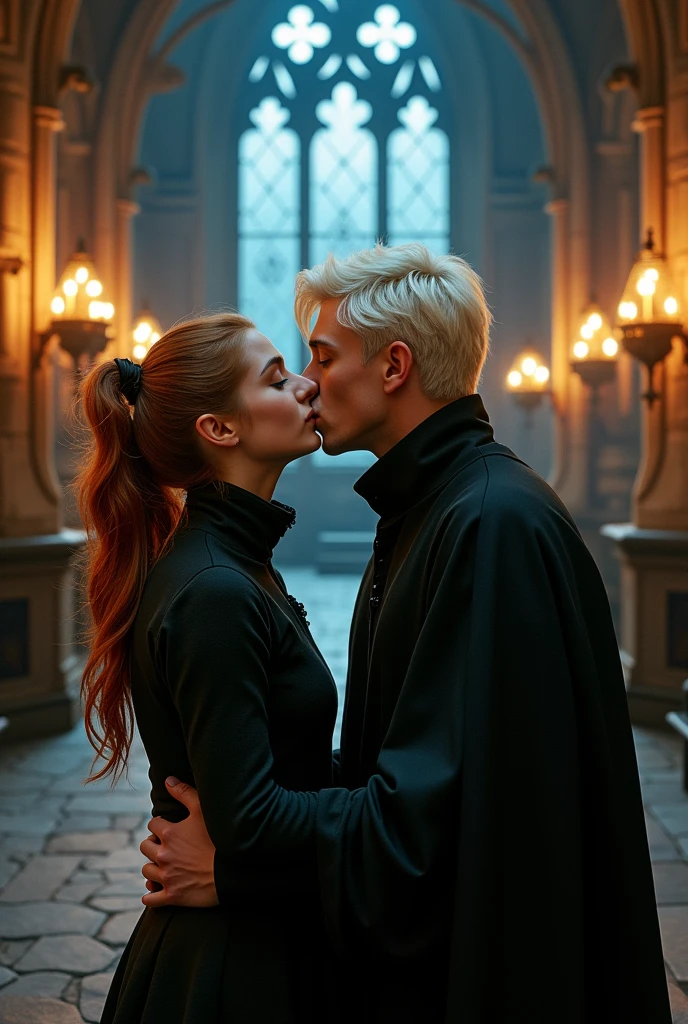 Une fille au cheveux, marrons, et noués en queue de cheval embrassant Draco Malfoy au cheveux blonds platine et courts allant vers le bas.