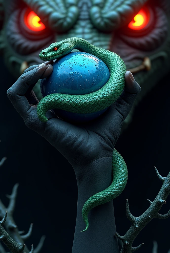 create a 3D image of a black male hand holding a blue fruit with a snake wrapped around it. a black background with the eyes of a dragon, On the edge of the image, branches with thorns.