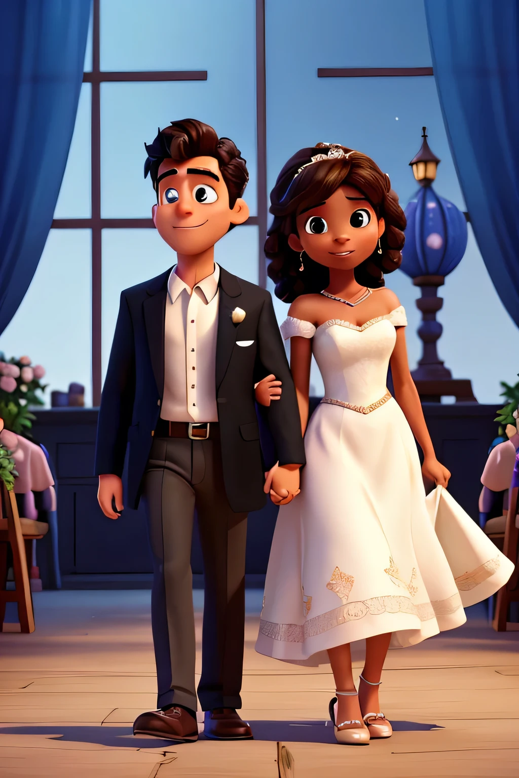 a disney pixar-inspired movie poster with the title "dream". the main characters are a couple at their wedding, the man with black hair and the woman with brown hair, the man wearing a black suit and the bride wearing a white dress, the scene should be in the distinct digital art style of pixar, a eiffel tower in the background, with a focus on couple expressions, vibrant colors, and detailed textures are characteristic of their animations.