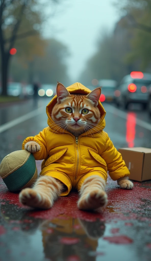 At an rain day, the cat's dress yellow clothes scooter is struck by a speeding car. The cat's body lies in the middle of the road, Blood streams downwith the delivery boxes' contents scattered everywhere.The cat's son is crying beside him The cat's uniform is torn, and its hat is thrown aside, creating a scene of utter devastation. 