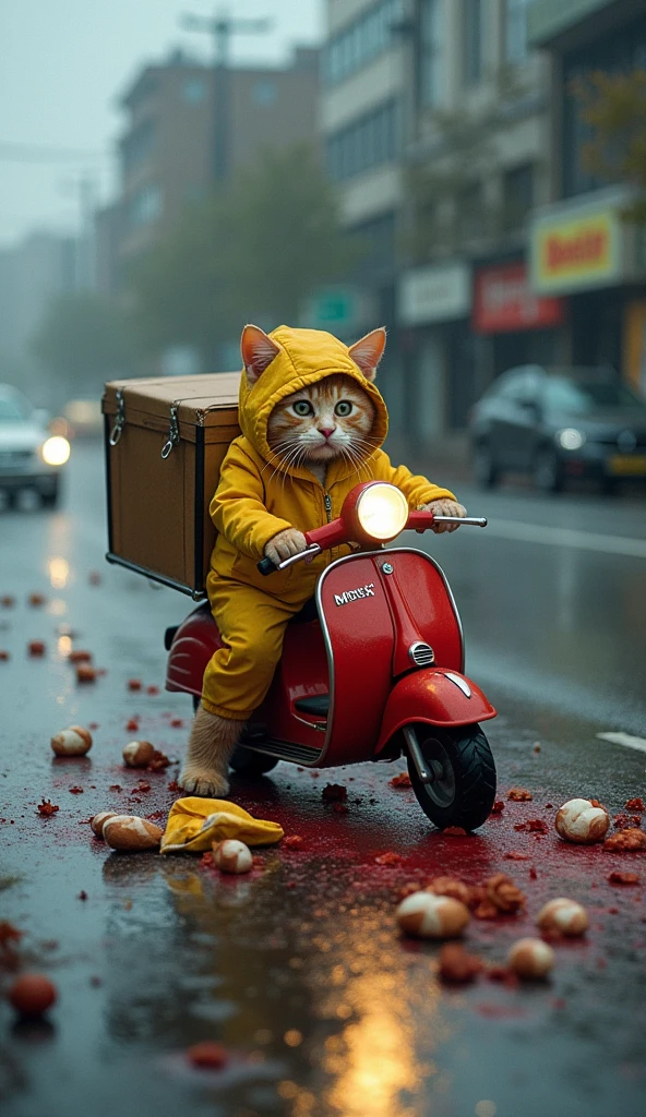 At an rain day, the cat's dress yellow clothes scooter is struck by a speeding car. The cat's body lies in the middle of the road, Blood streams downwith the delivery boxes' contents scattered everywhere.The cat's son is crying beside him The cat's uniform is torn, and its hat is thrown aside, creating a scene of utter devastation. 