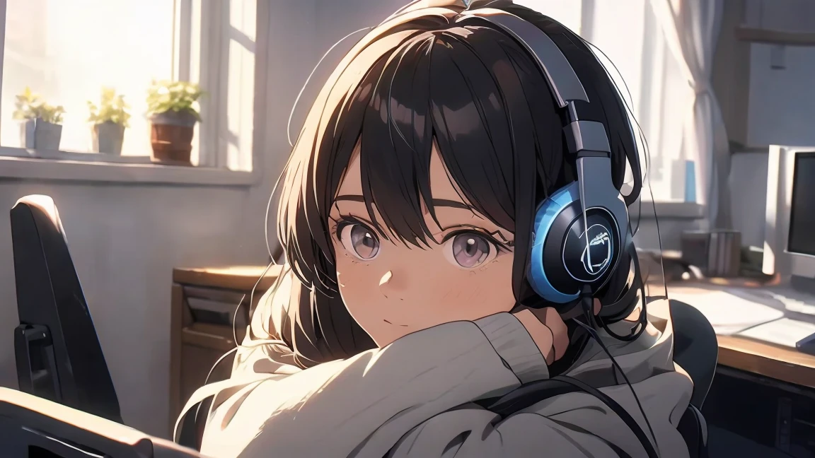 Optimal，masterpiece，High resolution，Highest quality，A warm room。A beautiful woman looking out the window。Wearing one headphone。It&#39;s night outside。Clothes are hoodies。profile。LOFI is written in the upper right corner.