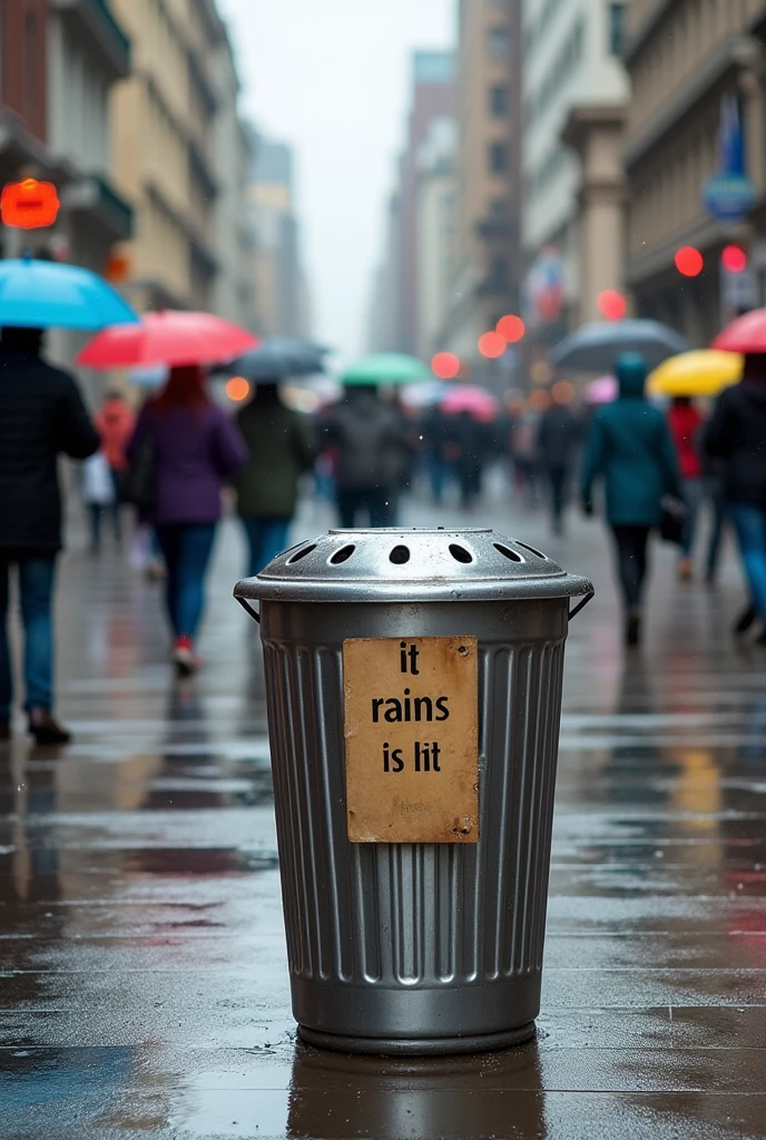 A silver chrome plastic laundry basket in the middle of the sidewalk with a sign that says "
" It rains a lot