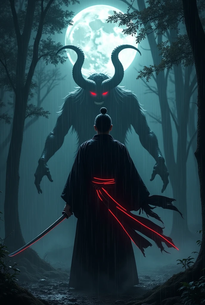 (Best Quality,ultra detailed),dark,wet,artificial raindrops falling,ancient japanese warrior standing in the rain,japanese traditional bamboo hat(fail),dense forest landscape,majestic and serene nature,full moon shining brightly in the night sky,black kimono with fluorescent red stripes that glow in the moonlight,samurai sword sharpened and drawn(katana),(detailed horned mask:1.2),(dark,devil) atmosphere,(mysterious,ominous,sandy) texture,1 demonic character,sharp teeth,Bright red eyes,long sharp horns,Pale skin,black claws,overgrown dark forest,ominous moonlight,dense fog,creepy atmosphere,blood red color scheme,haunting shadows,spooky fog,horror genre,nightmarish,dynamic lighting,high contrast,ethereal feeling,vivid colors
