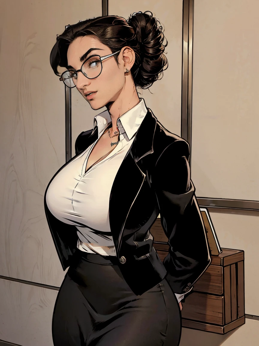 Gorgeous and sultry busty athletic (thin) brunette with sharp facial features and a (large nose) and (huge boobs) wearing a black blazer, white blouse and black pencil skirt, glasses, updo