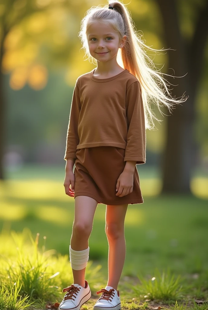 Show me a girl 18 years old with blonde hair that is in a ponytail.Blue eyes in a brown top and a brown skirt.There is a bandage on my left leg.White and brown sneakers