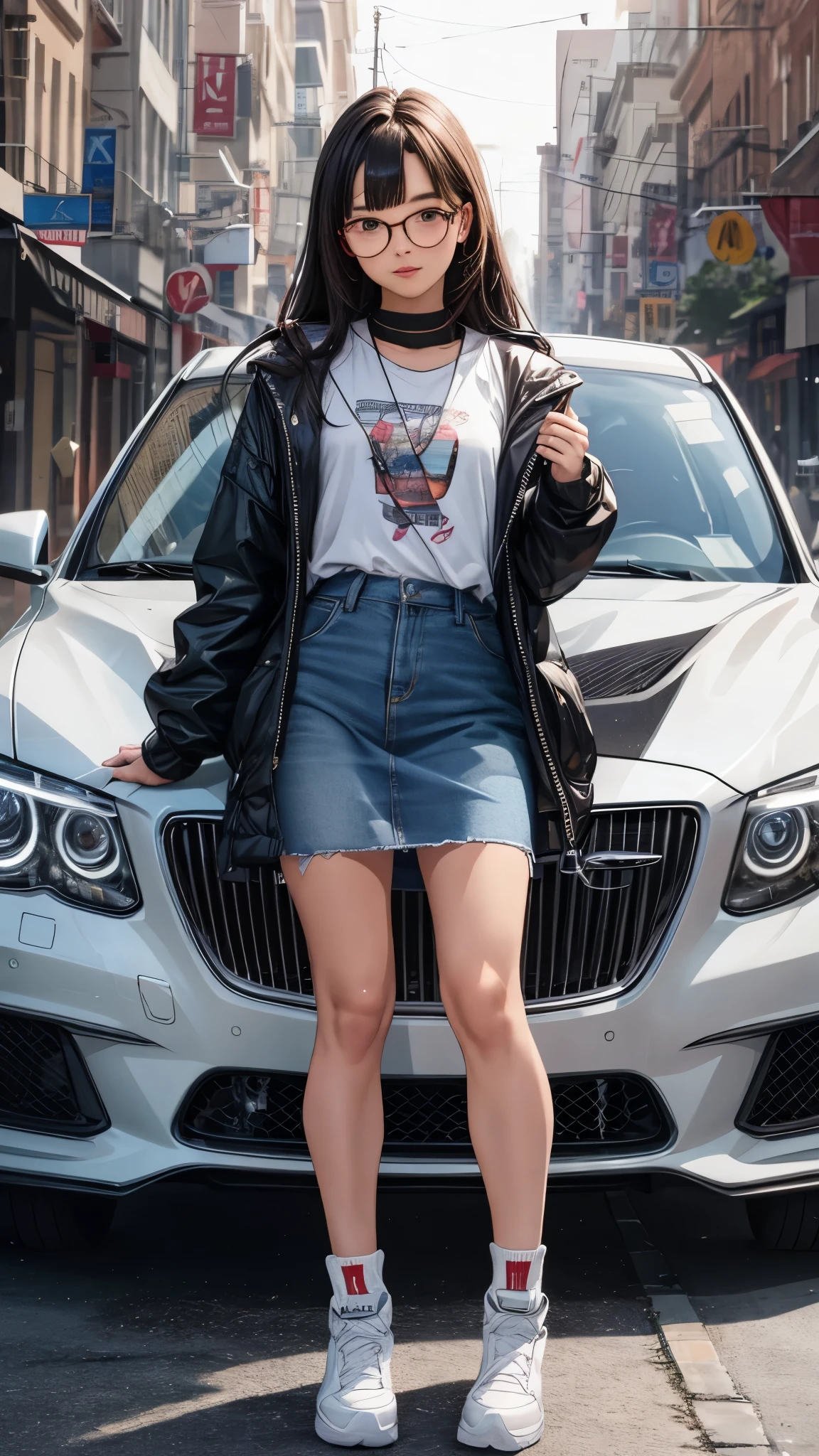 (highest quality,4K,8K,High resolution,table top:1.2), super detailed, (realistic,photorealistic,photo-realistic:1.37),((full body)), Unfortunate,Glasses,((black hair)), ((long hair)),((she's taking a Car Photography2.0))