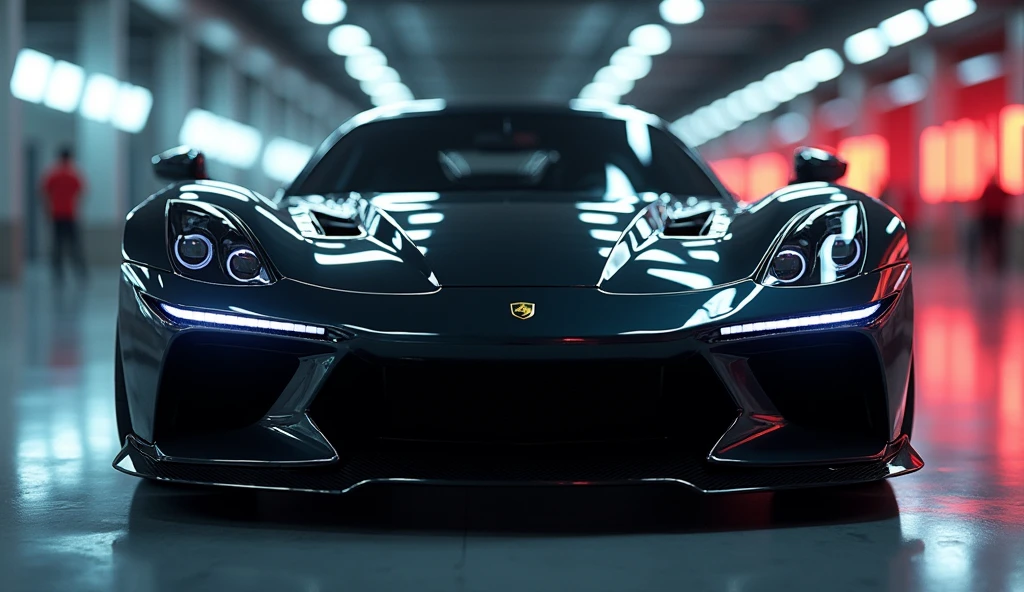 a detailed, highly realistic photograph of a sleek, modern sports car, glossy black paint, chrome trim, low-angle perspective, dramatic lighting, vivid colors, cinematic depth of field, photorealistic, 8k, HDR, studio lighting, physically-based rendering, ultra-fine details