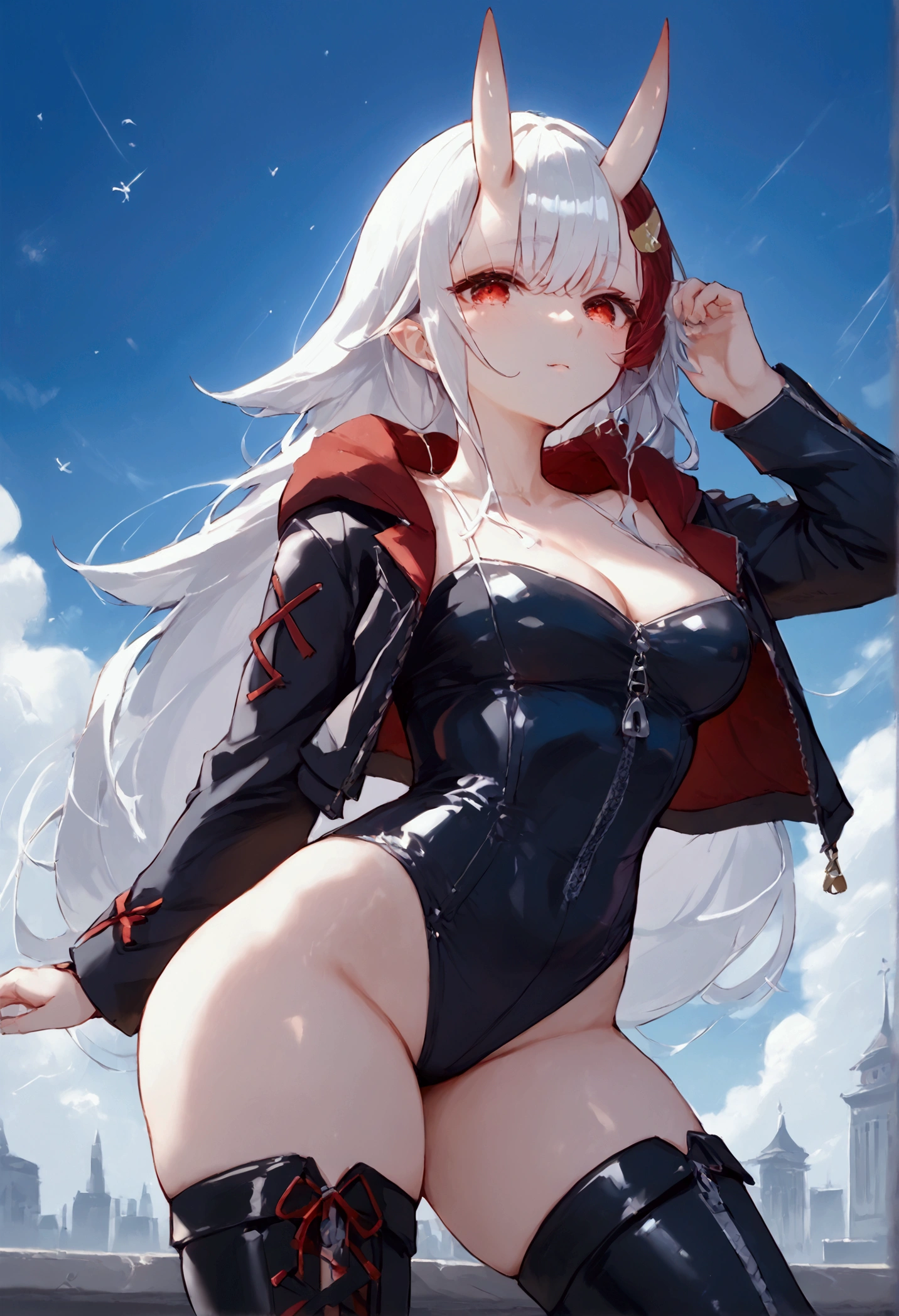 score_9, score_8_up, score_7_up, source_anime, (masterpiece), best quality, expressive eyes, perfect eyes, perfect face, oni girl, oni horns, red eyes, soft lips, long hair, very long hair, wide hips, (white hair:1.2), (white eyebrows:1), (white eyelashes:1), medium breasts:0.5, higuchi madoka, big breasts:0.3, standing, background: City, black jacket, long sleeves, zipper, leather jacket, black thighhighs, thigh boots, high heel boots