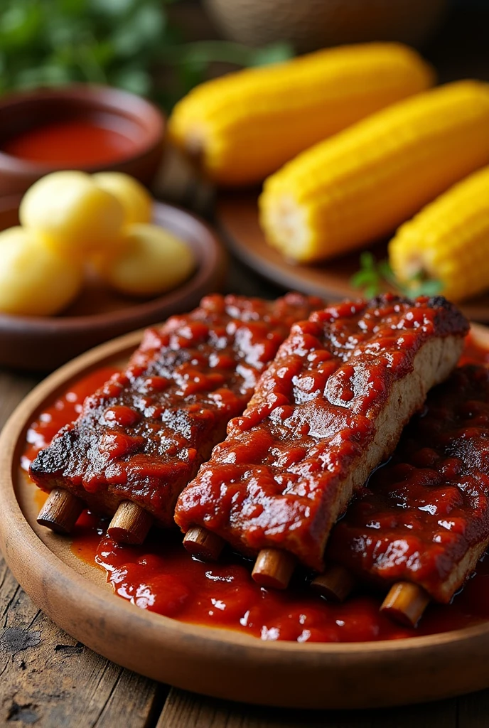 Food from Tarija - Bolivia, pork ribs with skin, red sauce, with boiled corn, boiled peeled potato cut in half.