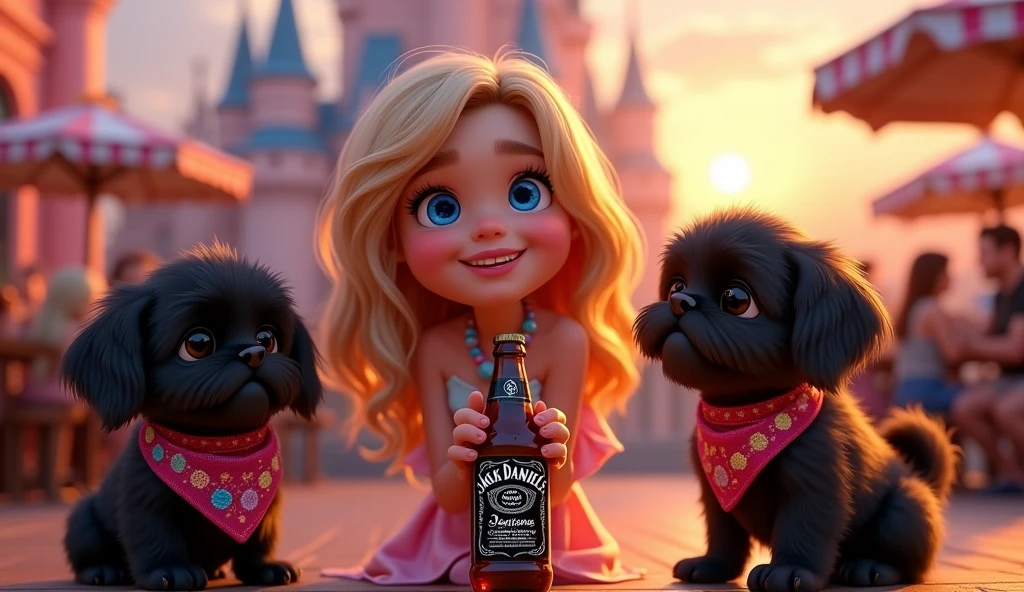 a cute blonde girl with big beautiful blue eyes, 2 adorable black shih tzu puppies with big blue eyes wearing bright colorful collars and bandanas, holding a bottle of jack daniels and a bottle of coke, two shot glasses, having a party on a disney rooftop, everyone at the bar getting tipsy, 3D Pixar style, photorealistic, extremely detailed, vibrant colors, dynamic lighting, whimsical, charming, warm atmosphere, magical, cinematic, masterpiece