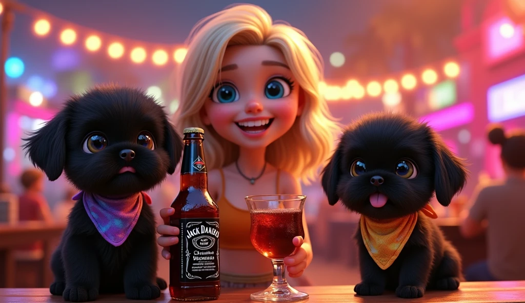 a cute blonde girl with big beautiful blue eyes, 2 adorable black shih tzu puppies with big blue eyes wearing bright colorful collars and bandanas, holding a bottle of jack daniels and a bottle of coke, two shot glasses, having a party on a disney rooftop, everyone at the bar getting tipsy, 3D Pixar style, photorealistic, extremely detailed, vibrant colors, dynamic lighting, whimsical, charming, warm atmosphere, magical, cinematic, masterpiece