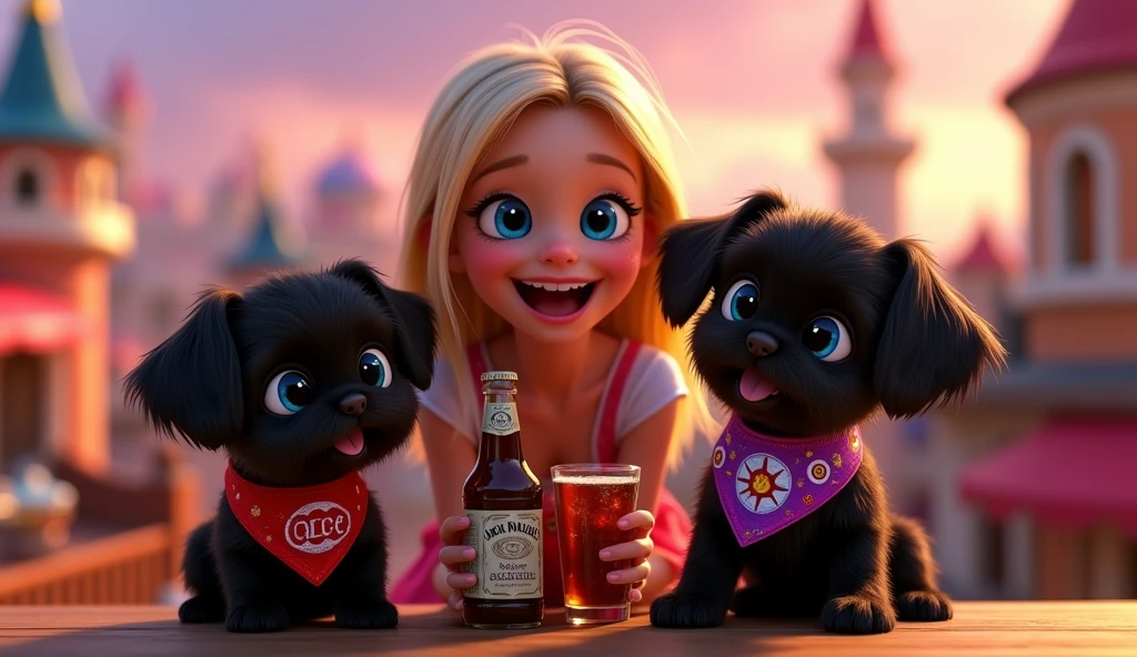 a cute blonde girl with big beautiful blue eyes, 2 adorable black shih tzu puppies with big blue eyes wearing bright colorful collars and bandanas, holding a bottle of jack daniels and a bottle of coke, two shot glasses, having a party on a disney rooftop, everyone at the bar getting tipsy, 3D Pixar style, photorealistic, extremely detailed, vibrant colors, dynamic lighting, whimsical, charming, warm atmosphere, magical, cinematic, masterpiece