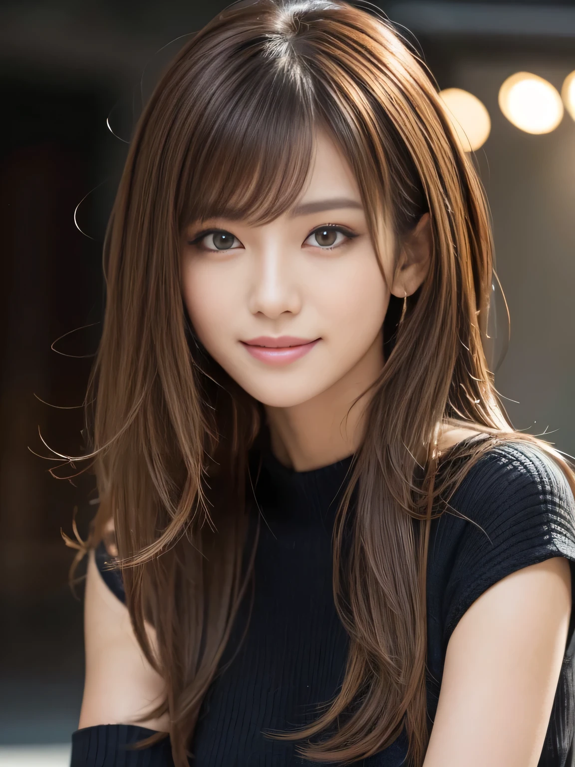 masterpiece, best quality, ultra-detailed, intricately detailed hyperdetailed, realistic, sharp features, highly detailed, sharp focus, Realistic, Photorealistic:1.3, (:1.5), perfect face, perfect symmetrically eyes, perfect full lips, hyper detailed, hyper realistic, high resolution, Fashion Model, Japanese Idol, Slender, brown hair, Stylish, model poses, Beautiful Face, light brown hair, messy hair, asymmetrical bangs, (seductive smile:1.2), (looking at viewer), cinematic lighting, grey background, (Black knit:1.2), portrait