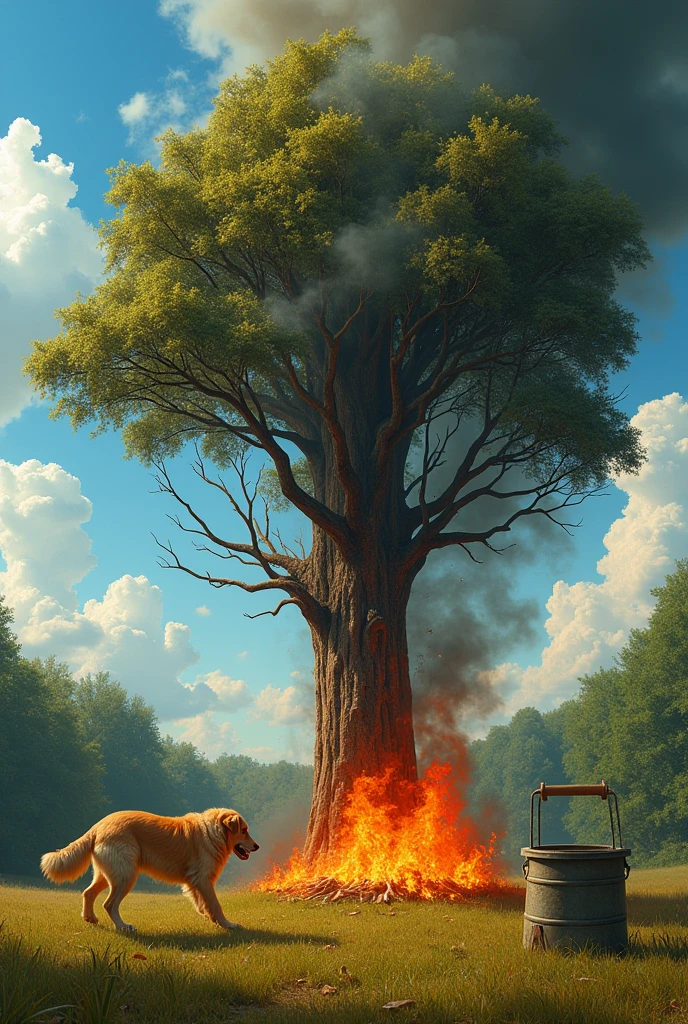tree on fire and a dog throwing water on it
