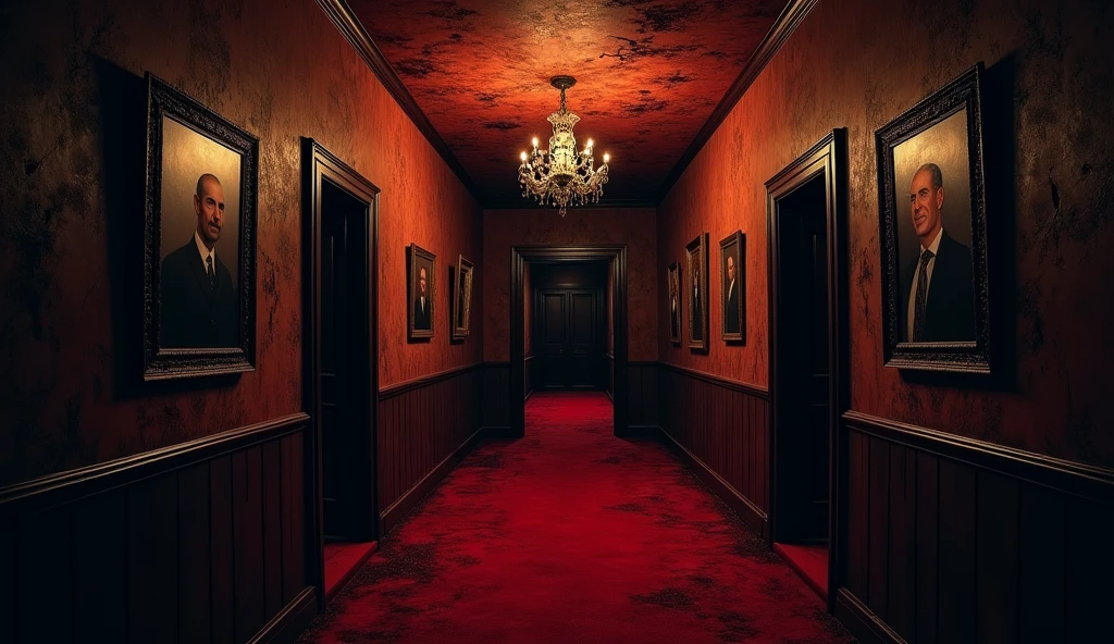 /imagine prompt: A long, dark corridor with a worn carpet covering the floor, the walls are adorned with old, cracked paintings depicting members of the Whittaker family with stern expressions, digital illustration in the style of H. R. Giger, the scene is depicted with harsh, dark tones, and the eerie light from the chandelier adds a sinister, nightmarish quality to the surroundings --v 5 --stylize 1000