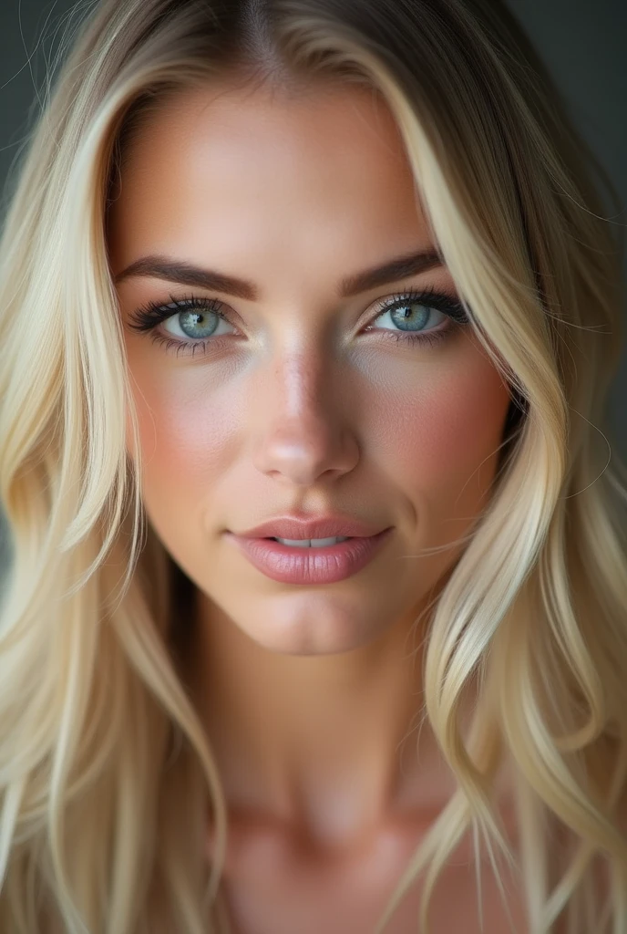 22 years old , big bust , Blonde with blue eyes, sexly , big bust, big titts, long bionde hair , big lips , big lips , bionde , make up , beautiful make up (looking in the camera )( CLOSE UO FROM THE FACE )) smile 