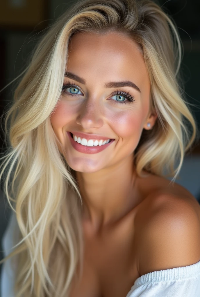22 years old , big bust , Blonde with blue eyes, sexly , big bust, big titts, long bionde hair , big lips , big lips , bionde , make up , beautiful make up (looking in the camera )( CLOSE UO FROM THE FACE )) smile