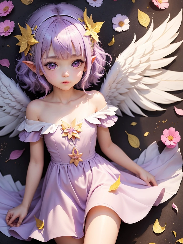cute little angel, , Light Purple Hair, pink eyes, dress pointy ears dress made of petals leaves glitter sun leaves flowers white big angel wings