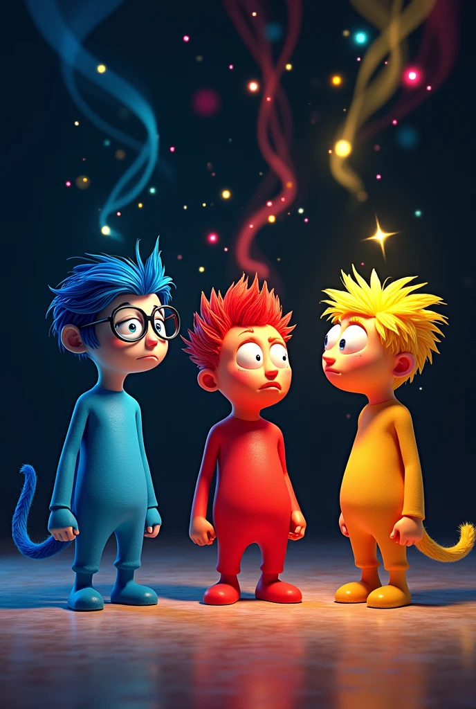 sadness, anger and joy from inside out in 4k cartoon format with dark background in perspective