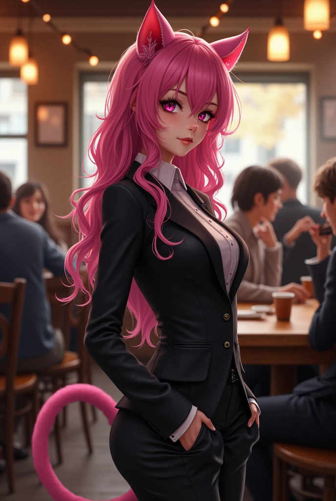 Cat girl, pink hair, dark suit, cafe background