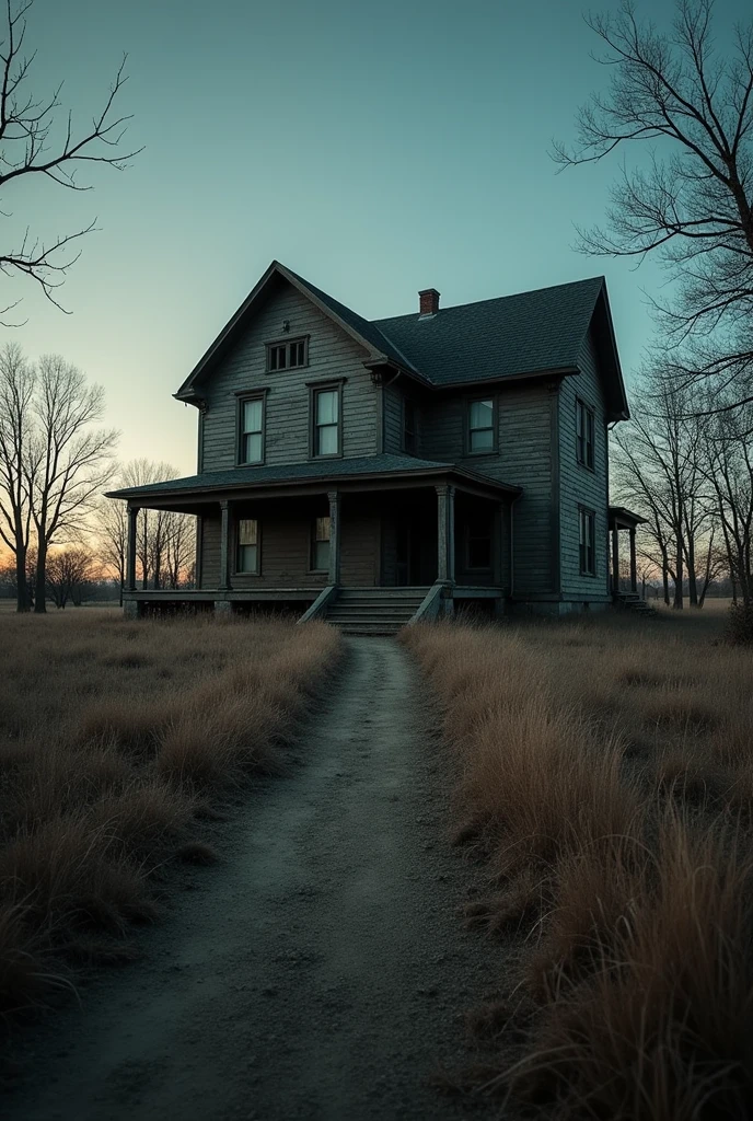 An abandoned farmhouse, isolated in a vast field forgotten by time. The windows are broken, and the doors creak in the wind, that blows through a forest of dry trees around it. An old staircase leads to the attic, where the only light comes from a small opening in the roof. Up there, among the rafters, there's an old chest, covered in dust and cobwebs. When opening the chest, the cold air escapes, revealing inside it a collection of porcelain dolls with glass eyes, all staring intently at whoever dares to open. Among the dolls, There is a black and white photo, stained and torn, of a family whose expression is one of pure agony. Do lado de fora, the sun starts to set, plunging the field into long shadows, while a sound of soft footsteps, but impossibly loud, echoes through the empty house. The feeling of being watched is inescapable, as if the house itself were alive, waiting to close its doors one last time.