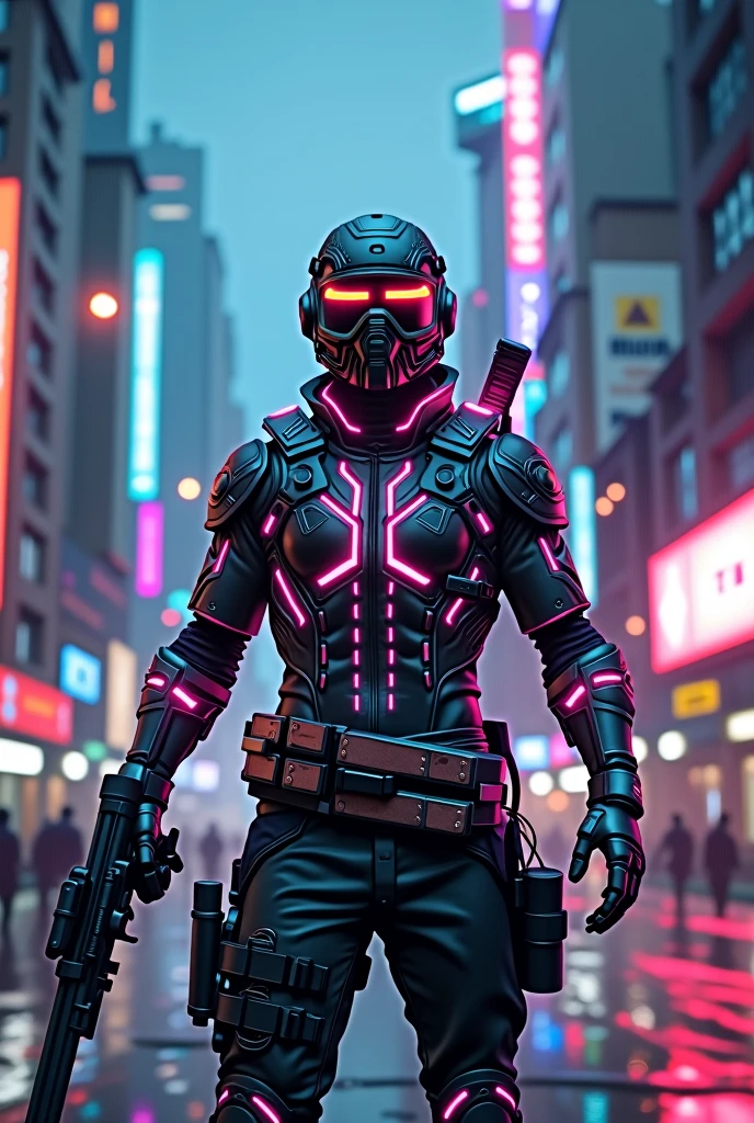 Best quality, a high resolution, beautiful detailed, extremely detailed, perfect lighting, glowing eyes, Cyberpunk-style PUBG Mobile game form