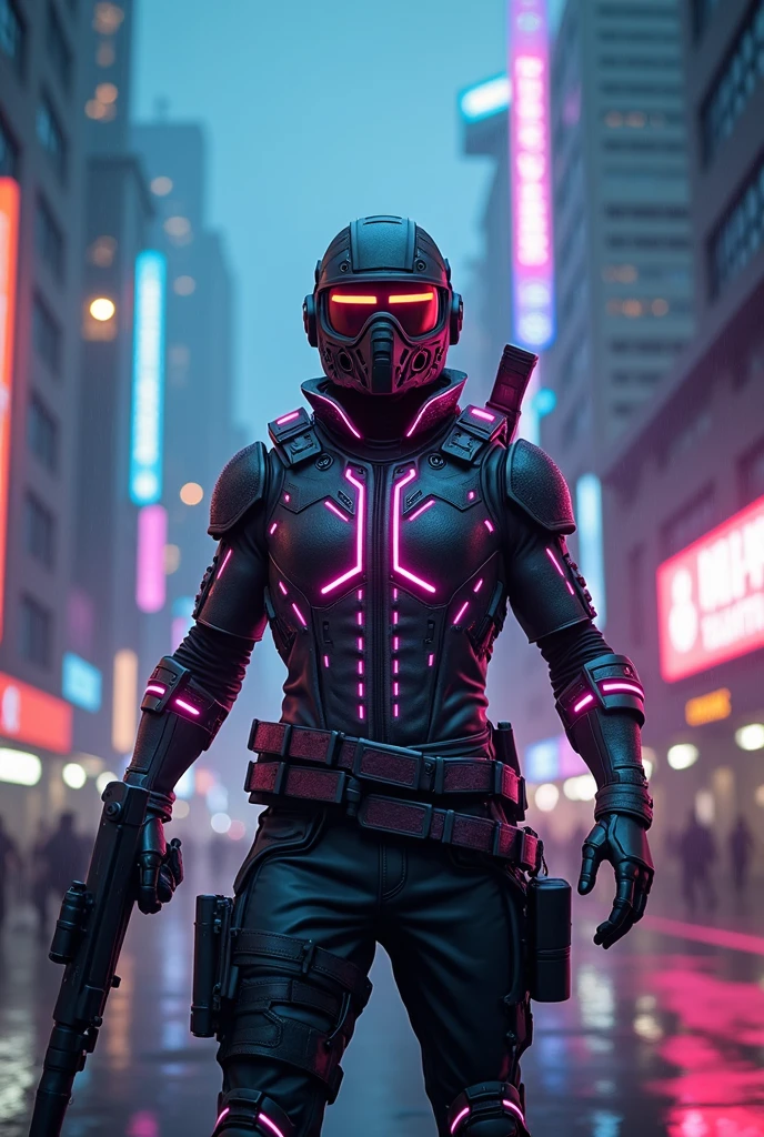 Best quality, a high resolution, beautiful detailed, extremely detailed, perfect lighting, glowing eyes, Cyberpunk-style PUBG Mobile game form