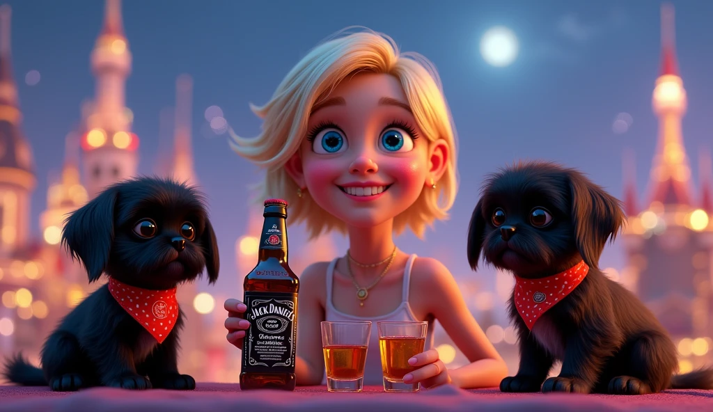 a cute blonde girl with big blue eyes,2 adorable black shih tzu puppies with big blue eyes wearing bright collars and bandanas,holding a bottle of jack daniels and a bottle of coke,two shot glasses,having a party on a disney rooftop,3D Pixar style,detailed artwork,beautiful eyes,cute puppies,vibrant colors,dramatic lighting,highly detailed,photorealistic,studio lighting,8K,masterpiece,elegant,whimsical,joyful,magical,adorable,charming