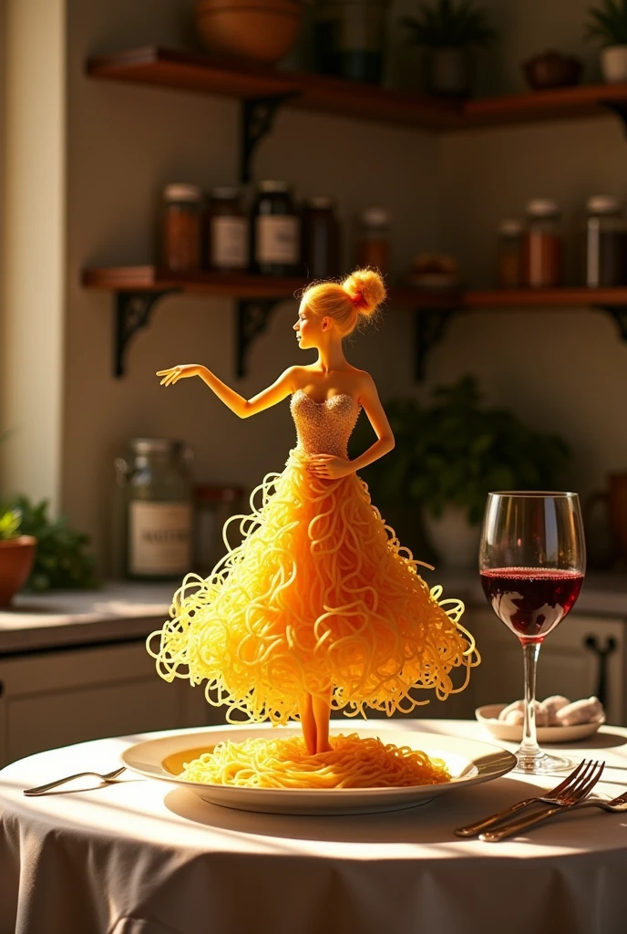 Create a whimsical and artistic scene featuring a single human-like figure made entirely of spaghetti. This figure should appear to be dancing gracefully on a plate. The background should depict a cozy kitchen setting with warm, ambient lighting, creating a romantic and intimate atmosphere. Include elements such as a glass of red wine and a beautifully set table to enhance the mood.