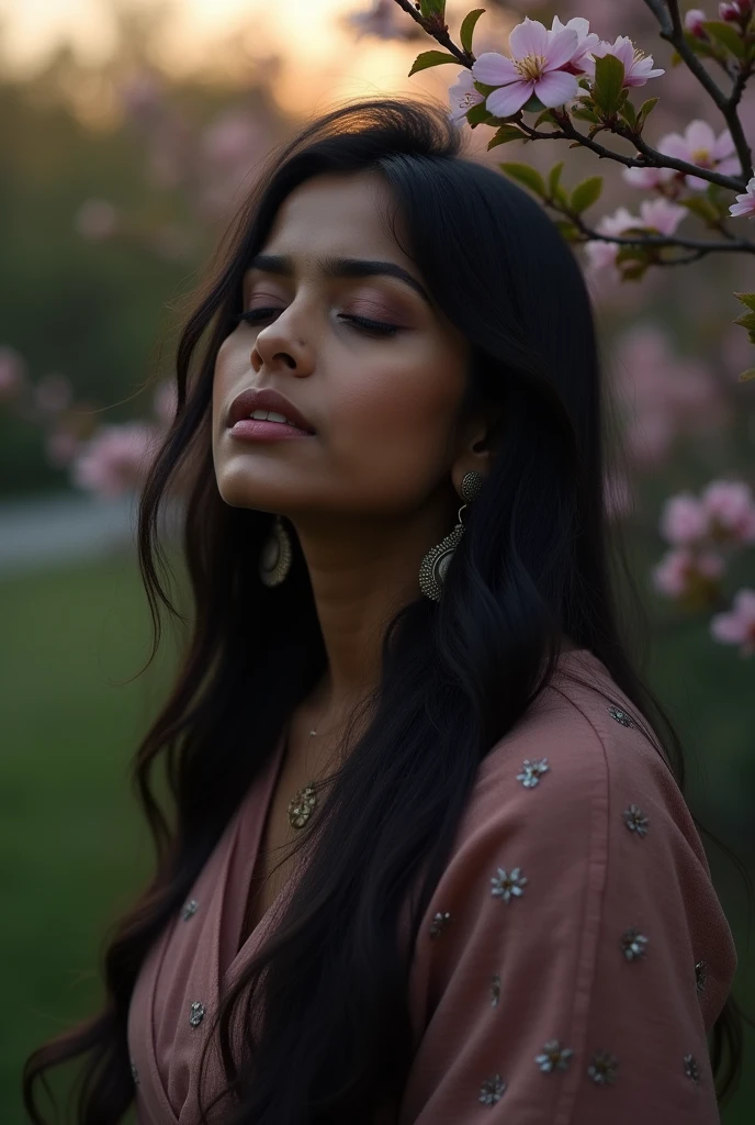 A woman full of sadness , mix feelings. Looking for hope, closed eyes . Indian