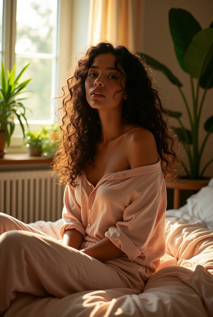 (photorealism:1.2), beautiful woman, sitting on bed, wearing loose off-shoulder top, pajama pants, long curly hair, indoors, soft lighting, plants in background, window with sunlight, cozy room, relaxed pose, realistic, intricate details, warm colors, by Greg Rutkowski, by Alphonse Mucha