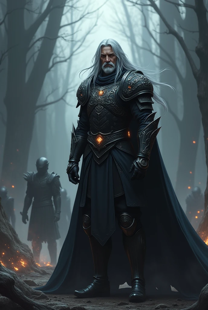 male character, with long gray hair, 50 years old appearance. armor black. Design de anime