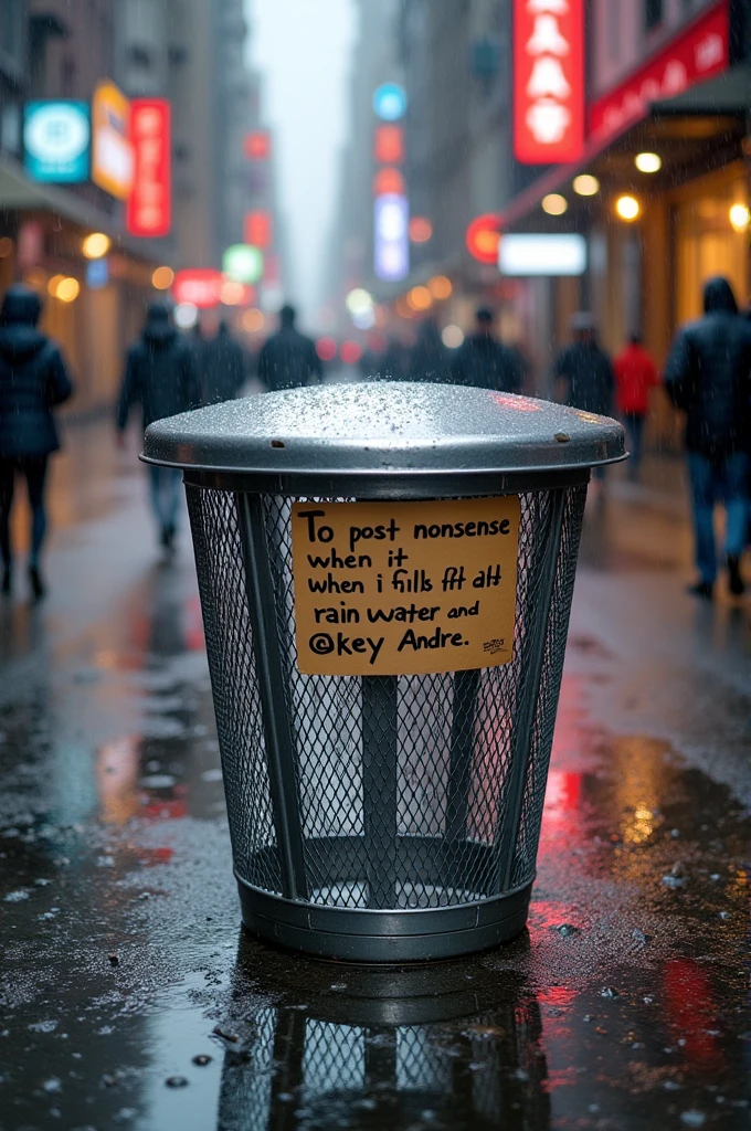 A plastic mesh laundry basket in chrome silver color in the middle of the street with a sign that says "to post nonsense when it fills with rainwater for @~Rodrigo Bianco and okey André " raining heavily