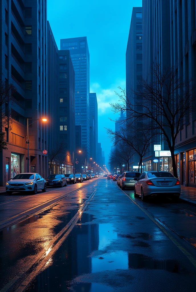 
Create a highly realistic street scene at dusk in an urban environment, with a strong emphasis on blue tones. The street should be lined with modern buildings, some with subtle graffiti, and illuminated by streetlights casting a cool, bluish glow. The sky should have a deep, twilight blue color, reflecting off wet pavement to enhance the overall blue ambiance. Include details like parked cars, street signs, and a few pedestrians, all contribute to a lively but serene urban atmosphere. 