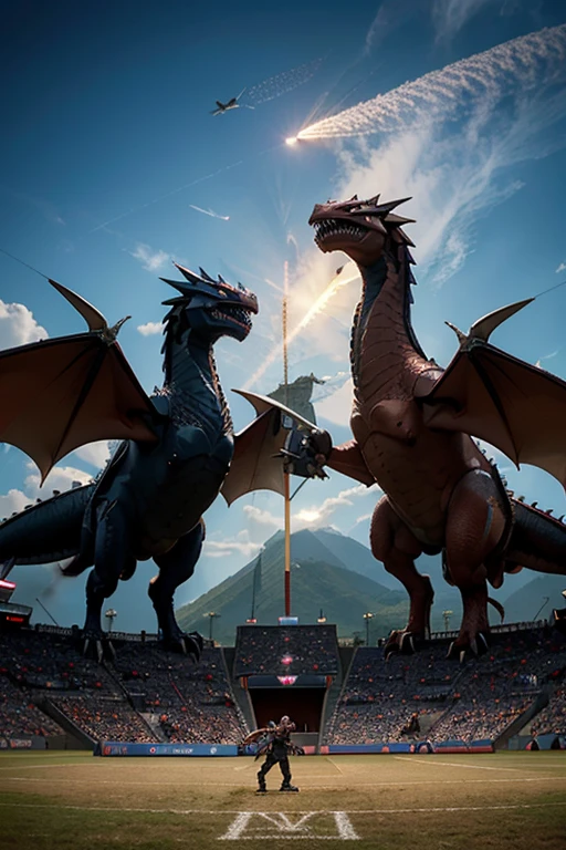 pokemon is standing next to a giant dragon in a stadium, giratina, colossal dragon in background, official art, new pokemon, pokemon sword and sheild, dialga the pokémon, intense battle, pokemon military drill, slifer the sky dragon, by Alexander Fedosav, mega legendary, pteranadon styling, pokemon fighting at world war 2, huge battle