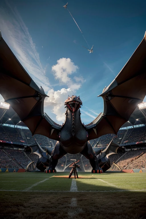 pokemon is standing next to a giant dragon in a stadium, giratina, colossal dragon in background, official art, new pokemon, pokemon sword and sheild, dialga the pokémon, intense battle, pokemon military drill, slifer the sky dragon, by Alexander Fedosav, mega legendary, pteranadon styling, pokemon fighting at world war 2, huge battle