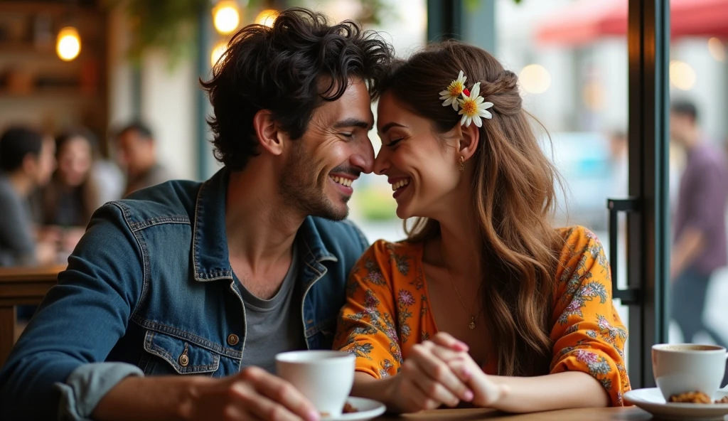 A couple sitting in a café - They are sitting close to each other, smiling and talking, while the environment around them seems busy and casual.