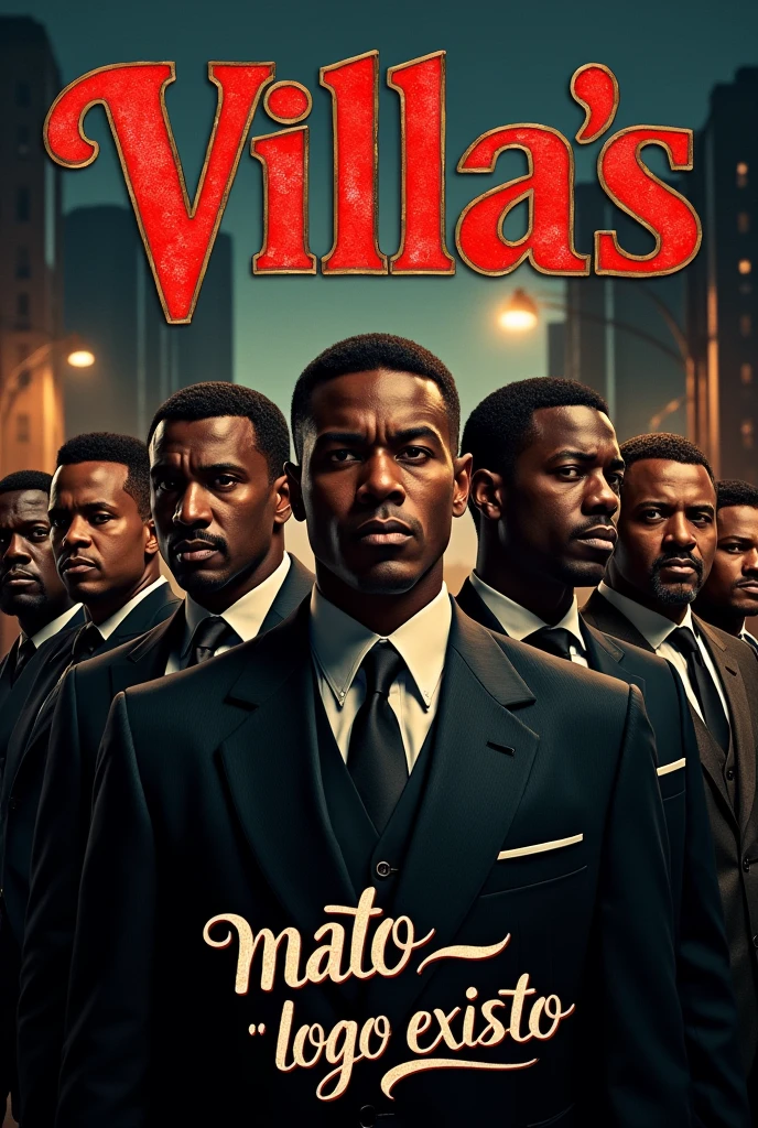 I want a cover with a mafia theme based on the series The Sopranos with the photo of 7 3 black men, 3 white men and 2 light-skinned black men and the title “Villa’s” with the phrase “mato, “logo existo”