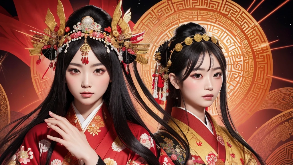 This image depicts an ancient Japanese goddess in traditional attire. She is wearing a kimono decorated with intricate patterns and bright colors such as red and gold. The goddess has long, flowing black hair and wears a decorative headdress of ancient Chinese style. The background is a mysterious space with a haze.