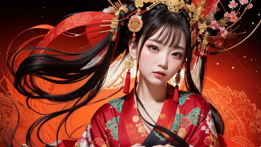 This image depicts an ancient Japanese goddess in traditional attire. She is wearing a kimono decorated with intricate patterns and bright colors such as red and gold. The goddess has long, flowing black hair and wears a decorative headdress of ancient Chinese style. The background is a mysterious space with a haze.