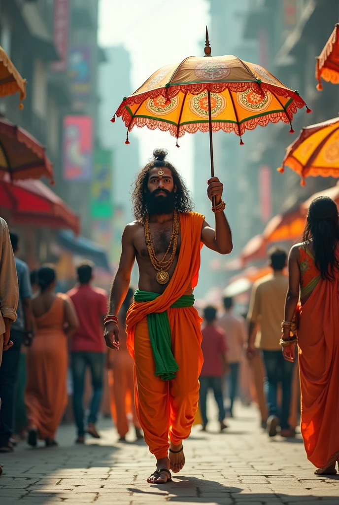 Imagine Hanuman, the revered Hindu deity, strolling down a busy street. He is in his  form, holding a colourful umbrella, which contrasts with his traditional attire and the vibrant urban backdrop. The scene blends divinity with everyday life, reflecting Hanuman's calm presence amidst the modern world."