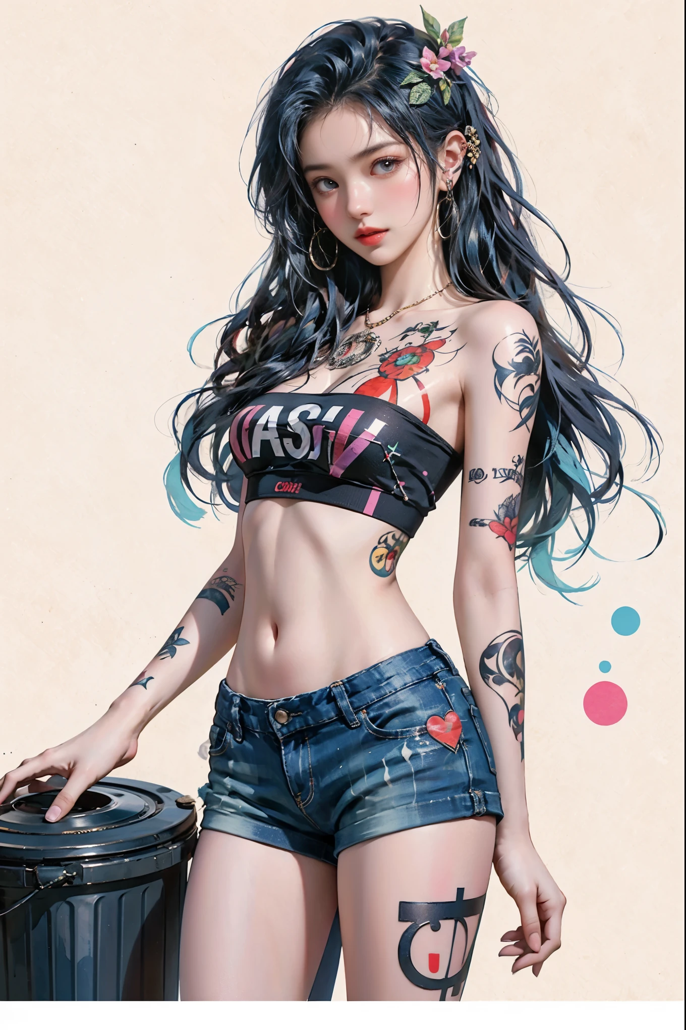 Digital collage with a style like Trash polka tattoos. The theme is music.