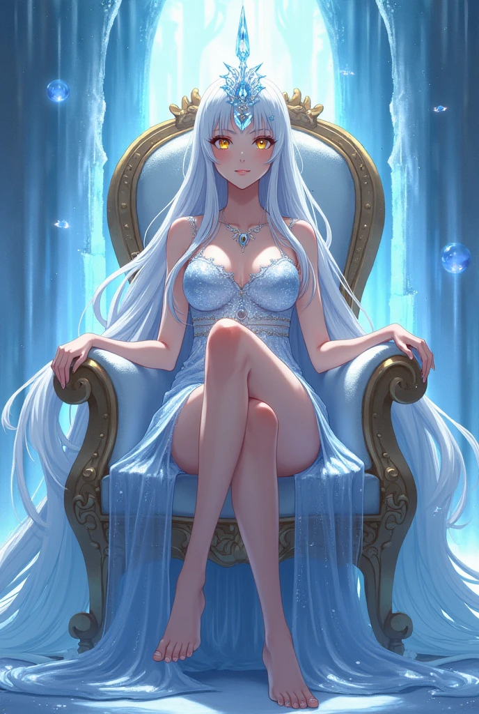 Anime Woman,Full-body anime,Ice Queen,long white hair,golden eyes,Sitting on the throne,Wear a short skirt,Ice palace background,Wearing ice crystal jewelry
