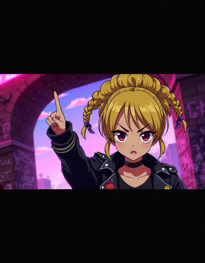 black anime character in braids with punkrock leather jacket with the middle finger