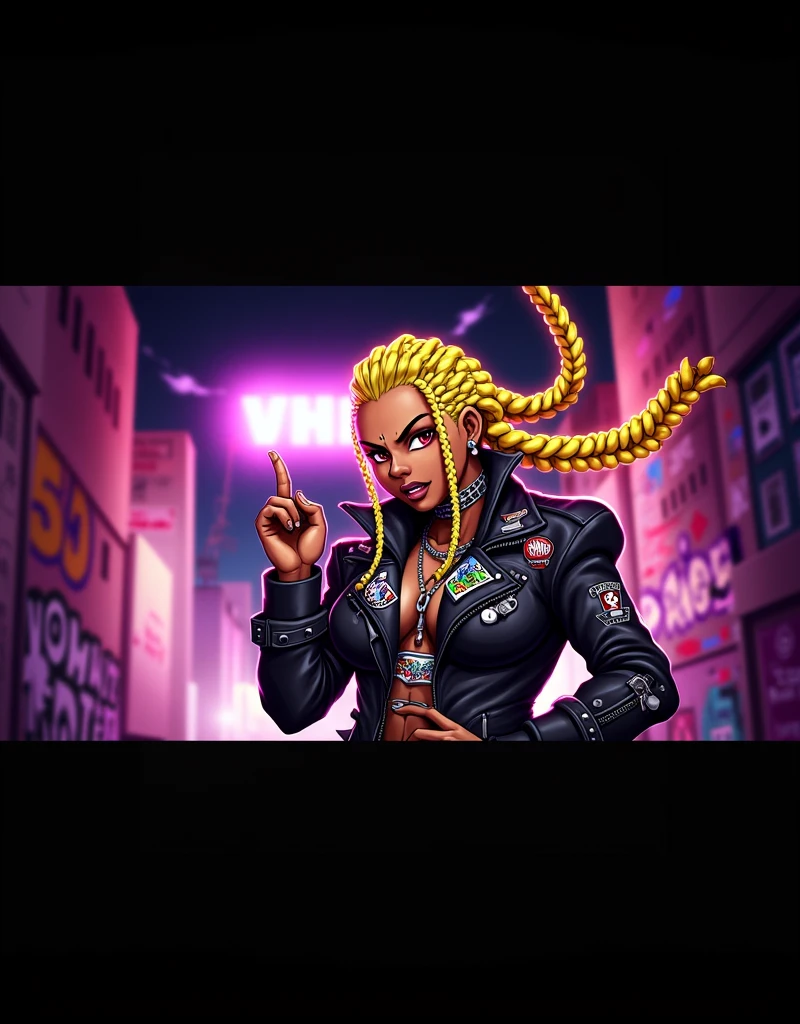 black anime character in braids with punkrock leather jacket with the middle finger
