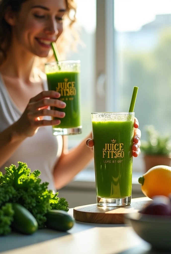 A person drinking green juice with a label that says JUICEFIT360