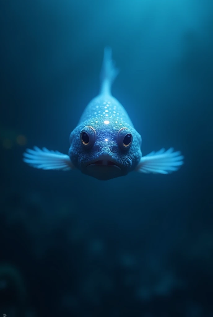 The abyssal fish, that has a lantern coming from its head, facing the screen with a deep blue background 
